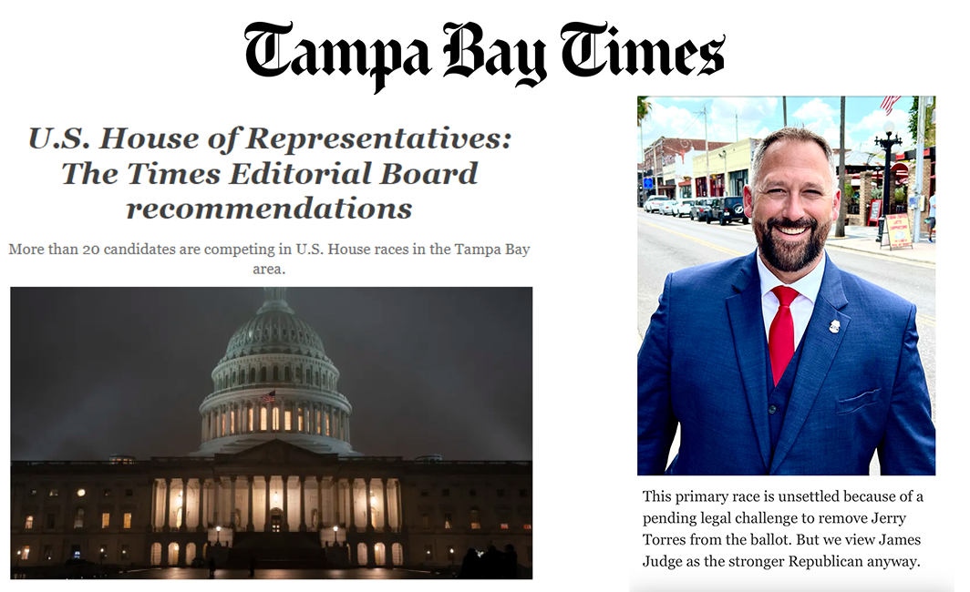FL-14 frontrunner James Judge earns recommendation by hometown newspaper, the Tampa Bay Times